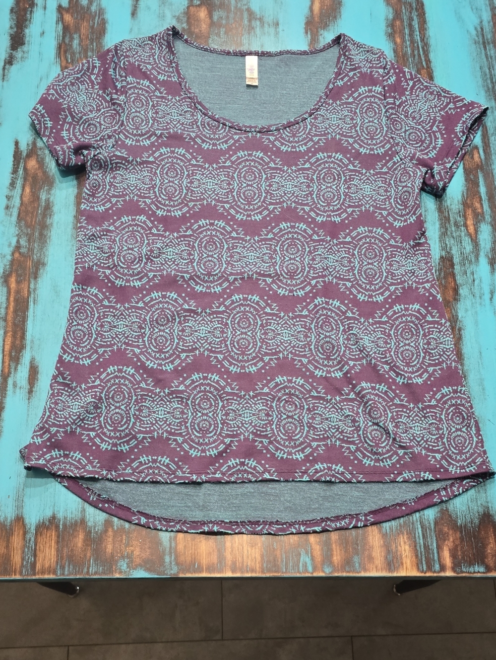 LuLaRoe Purple Short Sleeve Tee with Light Blue Pattern